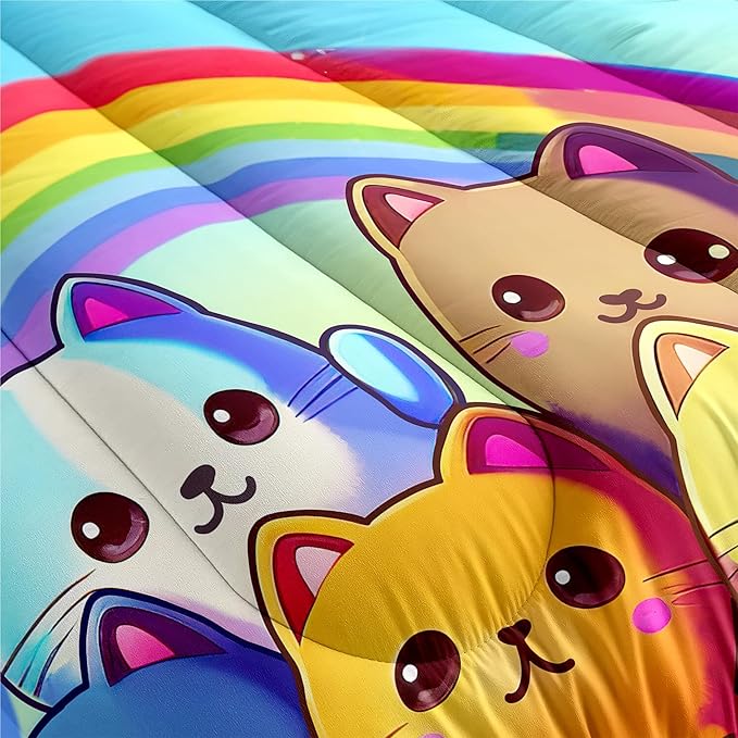 Rainbow Cat Comforter Full Size - Rainbow Cat Bedding for Girls Room Cute Cartoon Rainbow Bedding Full Comforter Sets for Kids, 1 Comforter+2 Pillowcases - LeafyLoom