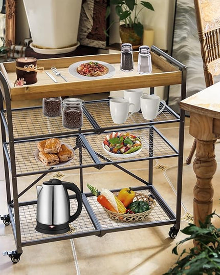 Vipush Kitchen Serving Cart, 4-Tier Kitchen Utility Cart on Wheels with Storage for Living Room, Wood Look Accent Furniture with Metal - LeafyLoom