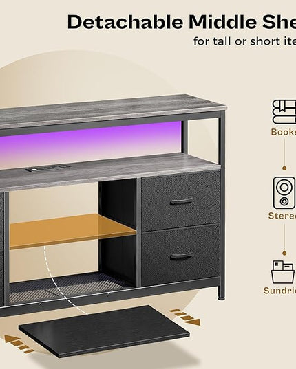 TV Stand Dresser with Power Outlets and LED Lights, 4 Drawers Entertainment Center with Shelves, 54in Media Console for 55 60 Inch TV, Dresser with PU Finish, Grey and Black - LeafyLoom