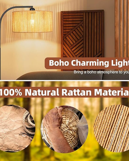 Boho Standing Lamp with Dimmable Bulb Nartual Rattan Adjustable Lampshade, Black Modern Farmhouse Rattan Floor Lamp for Living Room, Bedroom, Office, Classroom - LeafyLoom