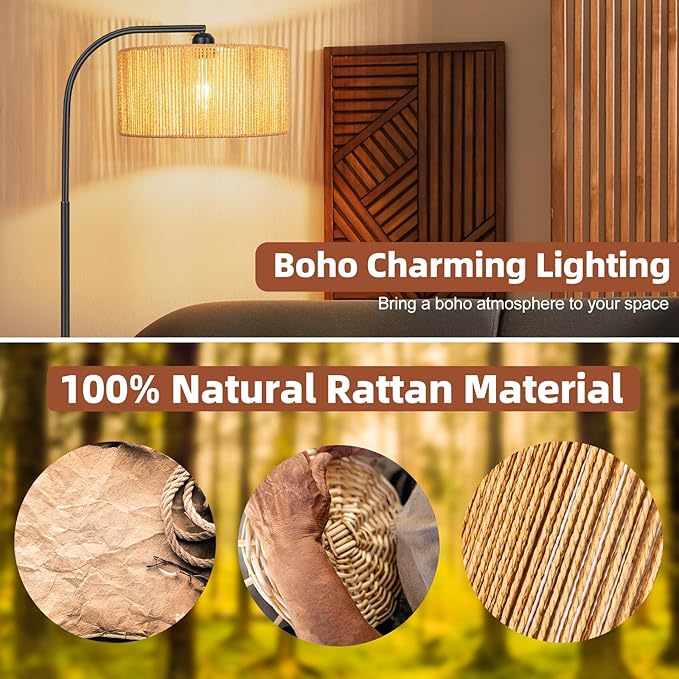 Boho Standing Lamp with Dimmable Bulb Nartual Rattan Adjustable Lampshade, Black Modern Farmhouse Rattan Floor Lamp for Living Room, Bedroom, Office, Classroom - LeafyLoom