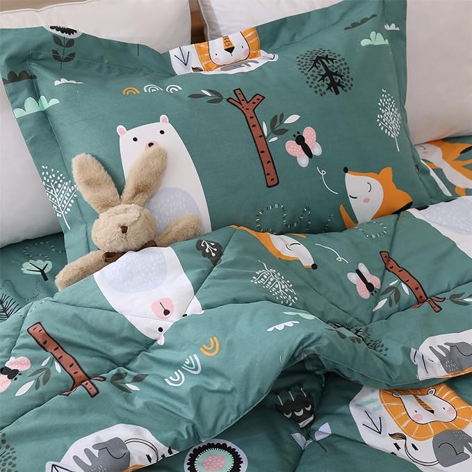 JSD Green Animal Forest Kids Comforter Set, 2 Pieces Twin Microfiber Comforter with Pillow Sham, Soft Comfortable Machine Washable - LeafyLoom