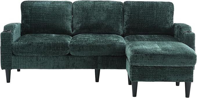 Convertible Sectional Sofa with Movable Storage Ottoman and Cupholders, 3 Seater L-Shaped Corner Couch,Chenille Upholstered Furniture w/Detachable Thicked Cushions for Living Room, Small Space - LeafyLoom