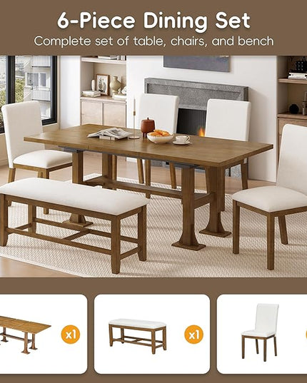 76Inch Dining Table Set for 6, Extendable Dining Table with 18inch Removable Leaf and Upholstered Dining Chair and Bench for Dining Room, Dark Brown - LeafyLoom