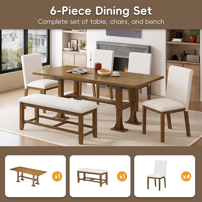 76Inch Dining Table Set for 6, Extendable Dining Table with 18inch Removable Leaf and Upholstered Dining Chair and Bench for Dining Room, Dark Brown - LeafyLoom