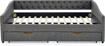 RITSU Queen Size Mid-Century Daybed, 2 Storage Drawers,Linen Button Upholstered Tufted Sofa Bed, Copper Nail on Waved Shape Arms, No Box Spring Needed,for Bedroom, Livingroom, Dark Grey, 84.50 - LeafyLoom