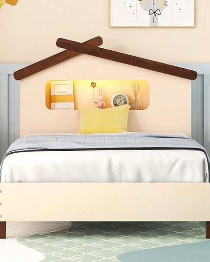 Bellemave Twin Size Platform Bed with House-Shaped Headboard and Motion Activated Night Lights,Wood Twin Kids Bed Frame for Teens, Girls,Boys(Twin,Cream) - LeafyLoom