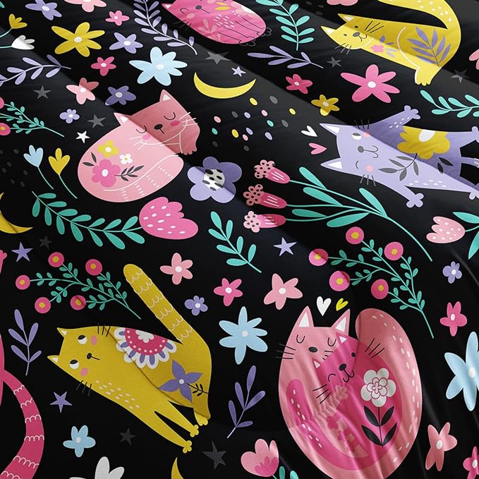 Floral Cat Comforter Full Size,Black Cats Comforter Set for Kids Teens Girls,3Pcs Bedding Set Printed Comforter with 2 Pillowcases,Down Alternative,Soft and Lightweight(Black，Full Size) - LeafyLoom