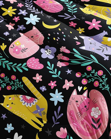 Floral Cat Comforter Twin Size,Black Cats Comforter Set for Kids Teens Girls,3Pcs Bedding Set Printed Comforter with 2 Pillowcases,Down Alternative,Soft and Lightweight(Black，Twin Size) - LeafyLoom