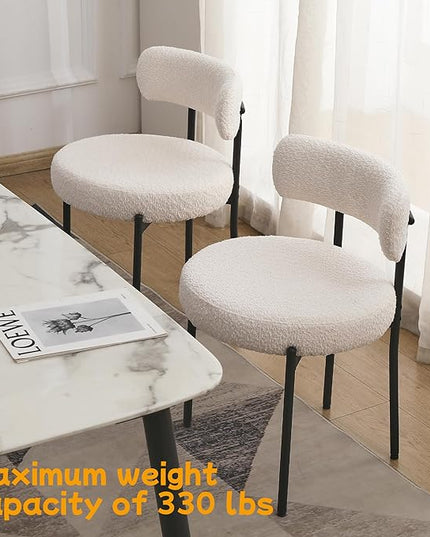 EDWELL White Dining Chairs Set of 4, Modern Dining Room Chairs with 3.94“ Cushions and Metal Legs, Round Upholstered Kitchen Dining Chairs, Ergonomic Backrest Boucle Chairs for Kitchen, Living Room - LeafyLoom