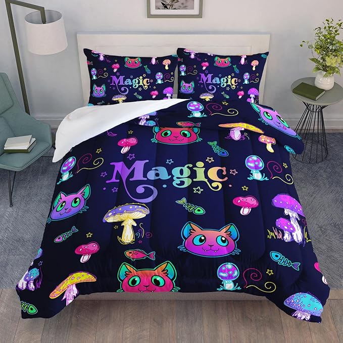 Datura home Mushroom Cat Kids Comforter Bedding Set for Boys Girls, Cartoon Mixed Color Mushroom and Cute Cat Fishbone Pattern Comforter with 2 Pillowcases(Mushroom Cat Full) - LeafyLoom