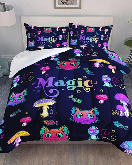 Datura home Mushroom Cat Kids Comforter Bedding Set for Boys Girls, Cartoon Mixed Color Mushroom and Cute Cat Fishbone Pattern Comforter with 2 Pillowcases(Mushroom Cat Queen) - LeafyLoom