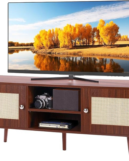 VEVOR Rattan TV Stand, Boho TV Cabinet for 55 inch TV, Mid Century Modern TV Stand, Rattan TV Console with Adjustable Shelfs for Living Room, Media Room, Walnut - LeafyLoom