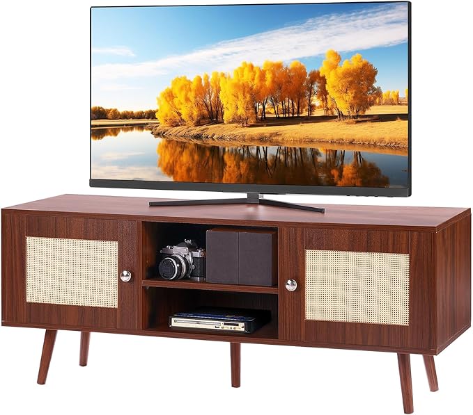 VEVOR Rattan TV Stand, Boho TV Cabinet for 55 inch TV, Mid Century Modern TV Stand, Rattan TV Console with Adjustable Shelfs for Living Room, Media Room, Walnut - LeafyLoom
