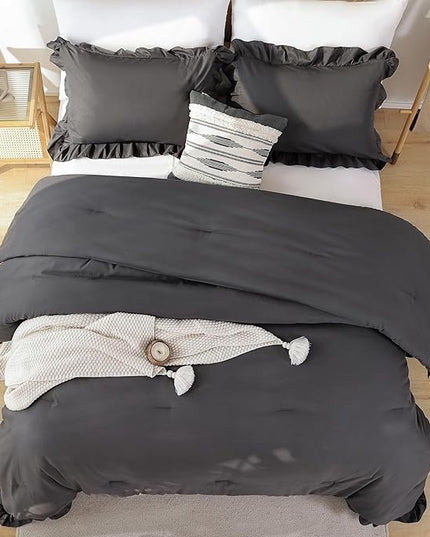JANZAA Dark Grey Comforter for Queen Size Bed Queen Comforter Set with Ruffles 3PCS (1 Gray Comforter and 2 Pillowcases) Shabby Chic Bedding Comforter Sets Soft Fluffy Bed Set for All Season - LeafyLoom