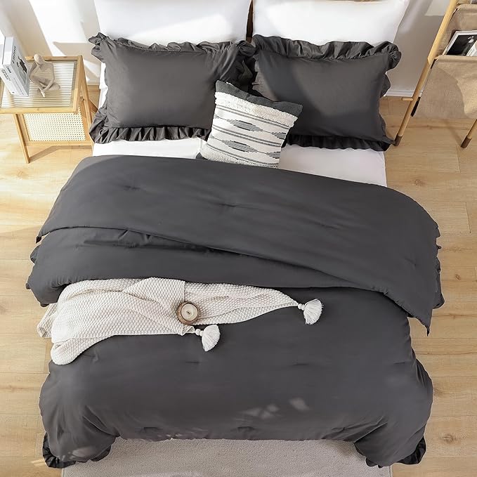 JANZAA Dark Grey Comforter for Queen Size Bed Queen Comforter Set with Ruffles 3PCS (1 Gray Comforter and 2 Pillowcases) Shabby Chic Bedding Comforter Sets Soft Fluffy Bed Set for All Season - LeafyLoom