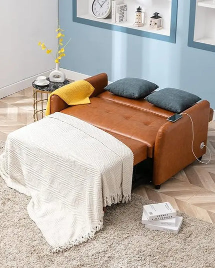 3 in 1 Convertible Sleeper Sofa, Modern Faux Leather Futon Loveseat Couch Pullout Dual USB Ports and Pillows, Love Seat Lounge Sofá Bed for Living Room Small Space, Black 51.5" - LeafyLoom