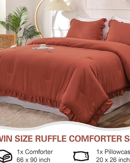 Terracotta Double Ruffle Comforter Set Twin Size (66x90 Inch), 2 Pcs Farmhouse Vintage Comforter Set (1 Ruffled Comforter and 1 Pillowcase), Rustic All Season Down Alternative Bedding Set - LeafyLoom