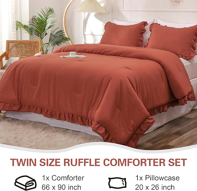 Terracotta Double Ruffle Comforter Set Twin Size (66x90 Inch), 2 Pcs Farmhouse Vintage Comforter Set (1 Ruffled Comforter and 1 Pillowcase), Rustic All Season Down Alternative Bedding Set - LeafyLoom