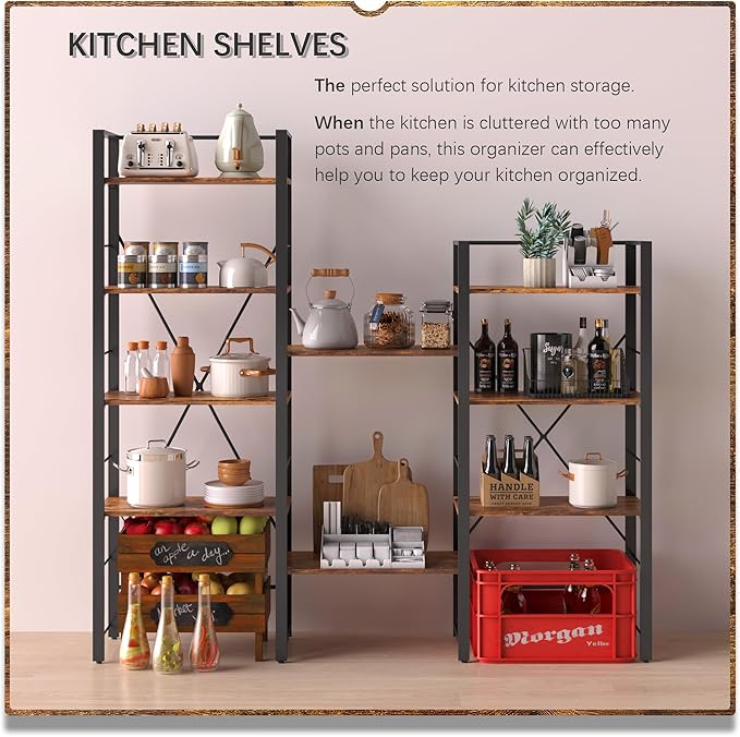 4NM Bookshelf 4 Tier Industrial Bookcase Home Office Adjustable Bookshelves Storage Shelves Organizer Vintage Book Shelf Display Rack for Living Room, Bedroom,Home - Rustic Brown - LeafyLoom