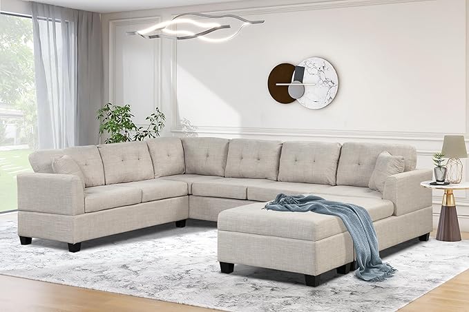 121.3" Modern Oversized U-Shape Sectional Sofa with Right Side Chaise & Storage Ottoman, Linen Upholstered Couch w/ 2 Throw Pillows, for Large Space, Living Room, Apartment, 121.3 Inch, Beige - LeafyLoom