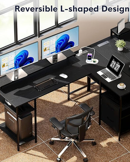 L-Shaped Home Office Desks with 2 Drawers Reversible Computer Gaming Desk with Monitor Stand Power Outlets Corner Desks for Home Office 61" Pure Black - LeafyLoom