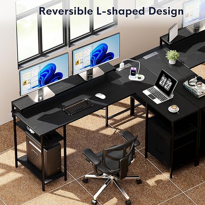 L-Shaped Home Office Desks with 2 Drawers Reversible Computer Gaming Desk with Monitor Stand Power Outlets Corner Desks for Home Office 61" Pure Black - LeafyLoom