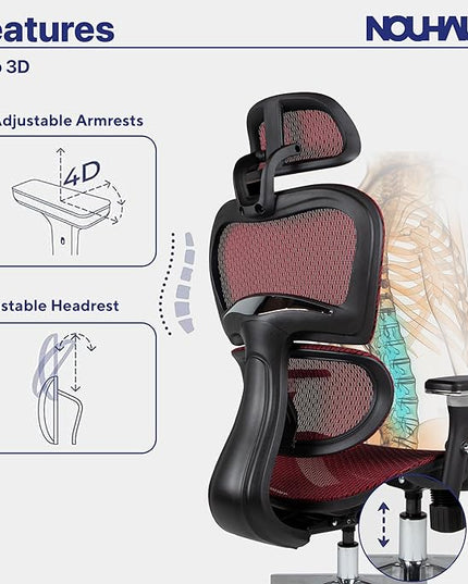 Nouhaus Ergo3D Ergonomic Office Chair Lumbar Support Mesh Office Chair with 4D Adjustable Armrest, Adjustable Headrest and Wheels, Mesh High Back Home Office Desk Chairs(Burgundy) - LeafyLoom