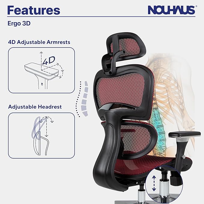 Nouhaus Ergo3D Ergonomic Office Chair Lumbar Support Mesh Office Chair with 4D Adjustable Armrest, Adjustable Headrest and Wheels, Mesh High Back Home Office Desk Chairs(Burgundy) - LeafyLoom