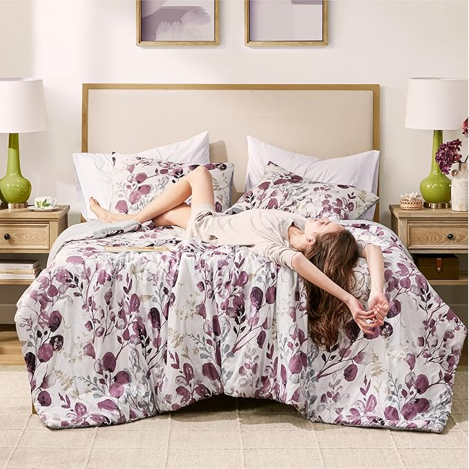 Codi Floral Queen Comforter Set for Womens, Spring Lavender Bedding Sets with Soft Seersucker 3pcs - 1 Flower Comforters and 2 Pillows Case, Lilac Purple - LeafyLoom