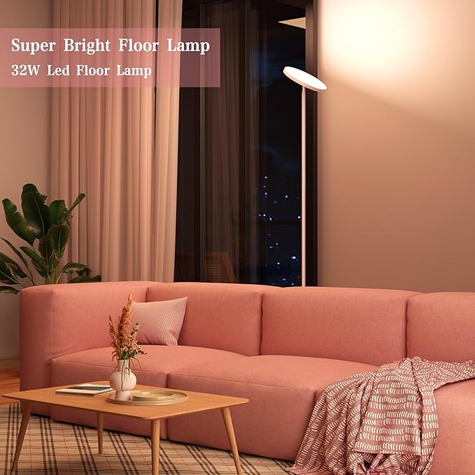 OHLUX Pink Floor Lamp, 32W/2500LM Super Bright Dimmable Sky LED Modern Torchiere Standing Lamp, LED Floor Reading Lamp with 4 Color Temperatures, Remote Touch Control, 1 Hour Timer for Living Room - LeafyLoom