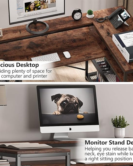 Tribesigns L Shaped Desk with Storage and Monitor Stand, Industrial Home Office Computer Desk with Storage Shelves, 59 Inch Corner Desk with Monitor Shelf(Brown) - LeafyLoom