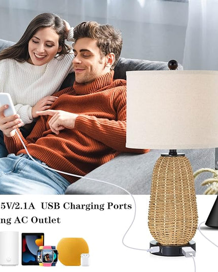 Touch Control Rattan Table Lamps, 3 Way Dimmable Bedside Lamps for Bedroom Set of 2 with 2 USB Ports and AC Outlet, Grass Rope Nightstand Lamps for Living Room Office (2 LED Bulbs Included) - LeafyLoom