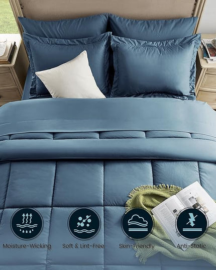 Queen Bed in a Bag 7 Pieces Comforter Set Queen, Wood Grain Texture Bedding Comforter Set Blue Bed Set with Comforter, Pillowcases, Flat Sheet, Fitted Sheet and Pillow Shams - LeafyLoom
