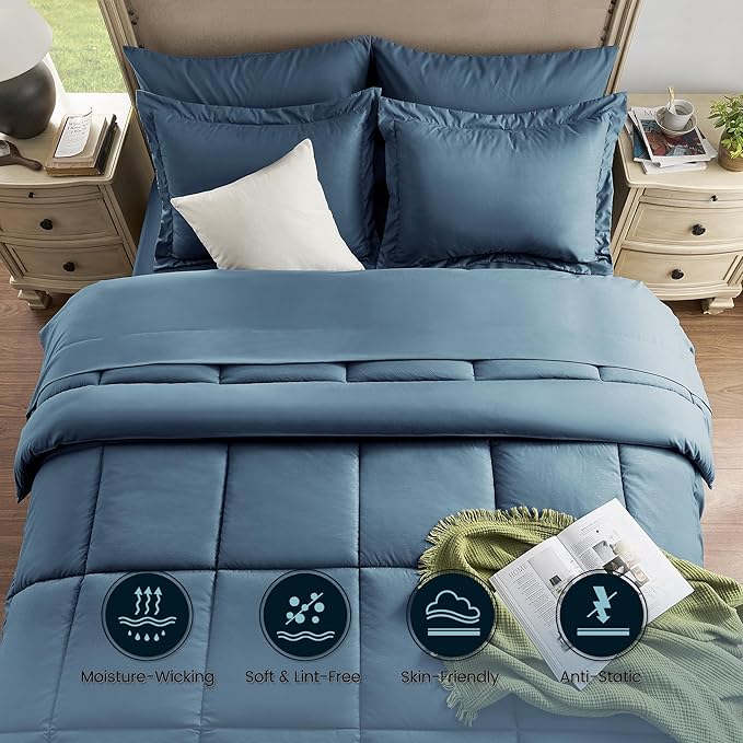 King Size Bed in a Bag 7 Pieces Comforter Set King, Wood Grain Texture Bedding Comforter Set Blue Bed Set with Comforter, Pillowcases, Flat Sheet, Fitted Sheet and Pillow Shams - LeafyLoom