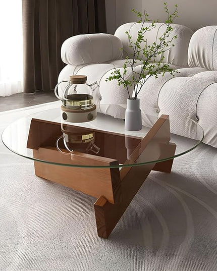 Coffee Table, Round Coffee Table for Living Room Modern Glass Coffee Table with Solid Wood Legs Farmhouse Mid Century Center Table Large Circle Cocktail Table (Walnut + Transparent, 31.5in) - LeafyLoom