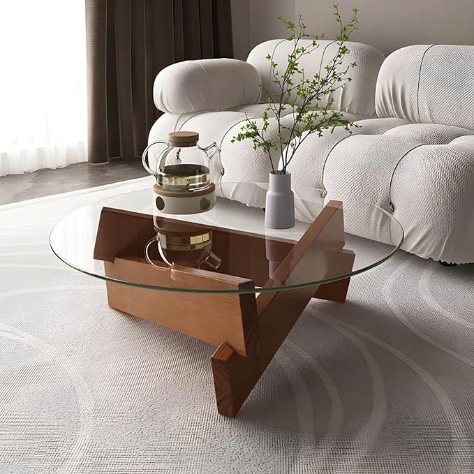 Coffee Table, Round Coffee Table for Living Room Modern Glass Coffee Table with Solid Wood Legs Farmhouse Mid Century Center Table Large Circle Cocktail Table (Walnut + Transparent, 31.5in) - LeafyLoom