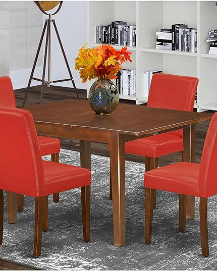 East West Furniture NOAB5-MAH-72 5 Piece Dining Room Table Set Includes a Rectangle Kitchen Table with Butterfly Leaf and 4 Firebrick Red Faux Leather Parson Chairs, 32x54 Inch, Mahogany - LeafyLoom
