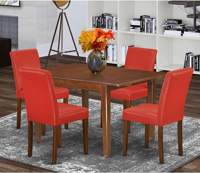 East West Furniture NOAB5-MAH-72 5 Piece Dining Room Table Set Includes a Rectangle Kitchen Table with Butterfly Leaf and 4 Firebrick Red Faux Leather Parson Chairs, 32x54 Inch, Mahogany - LeafyLoom