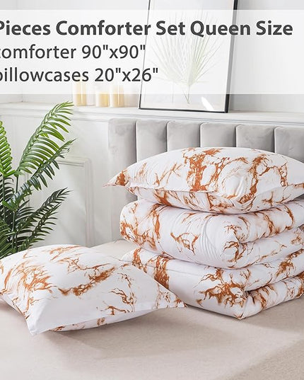 Litanika Rust Marble Comforter Queen(90x90lnch), 3Pieces(1 Marble Comforter and 2 Pillowcases) Soft Microfiber Comforter Bedding Set for Men and Women - LeafyLoom