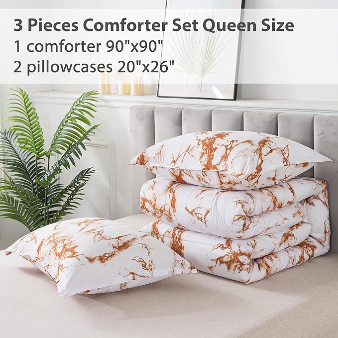 Litanika Rust Marble Comforter Queen(90x90lnch), 3Pieces(1 Marble Comforter and 2 Pillowcases) Soft Microfiber Comforter Bedding Set for Men and Women - LeafyLoom