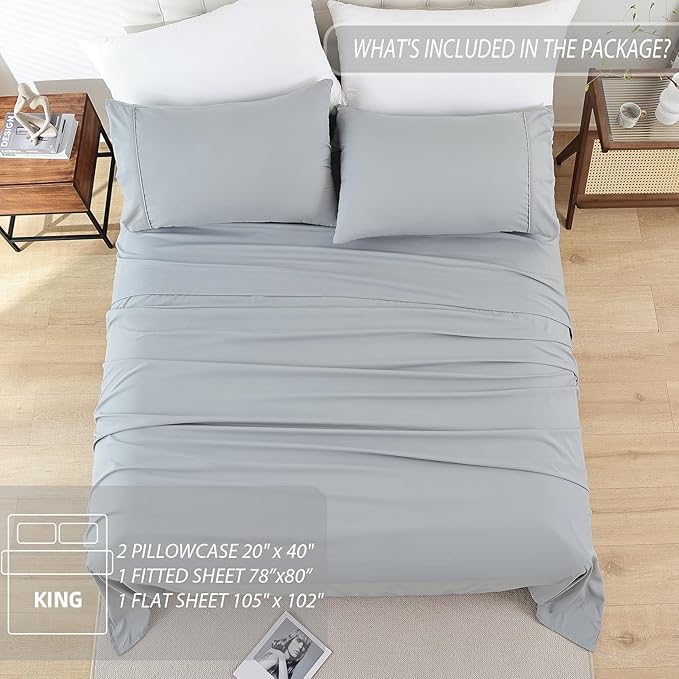 Whitney Home Textile King Sheet Set - 4 Piece Luxury Cooling Bed Sheets for King Size Bed, Silky Soft Sheets 16" Deep Pocket, Hotel Bedding Sheets and Pillowcases, Wrinkle Free Oeko-Tex Sheets - LeafyLoom