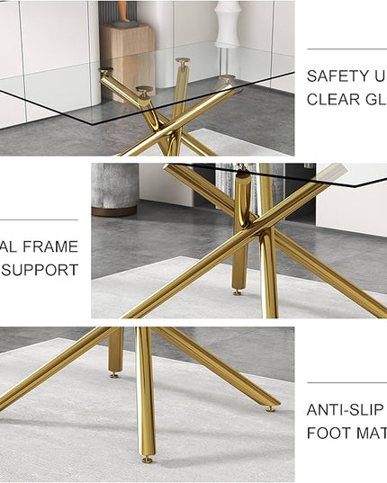 NicBex Large Modern Minimalist Rectangular Glass Dining Table for 6-8 with 0.39" Tempered Glass Tabletop and Golden Metal Legs for Kitchen Dining Living Meeting Room Banquet Hall, Golden - LeafyLoom