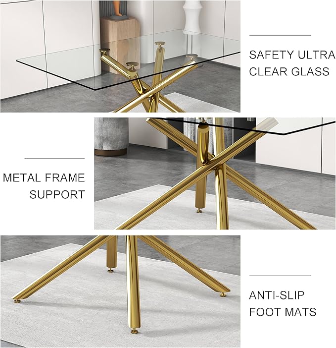 NicBex Large Modern Minimalist Rectangular Glass Dining Table for 6-8 with 0.39" Tempered Glass Tabletop and Golden Metal Legs for Kitchen Dining Living Meeting Room Banquet Hall, Golden - LeafyLoom