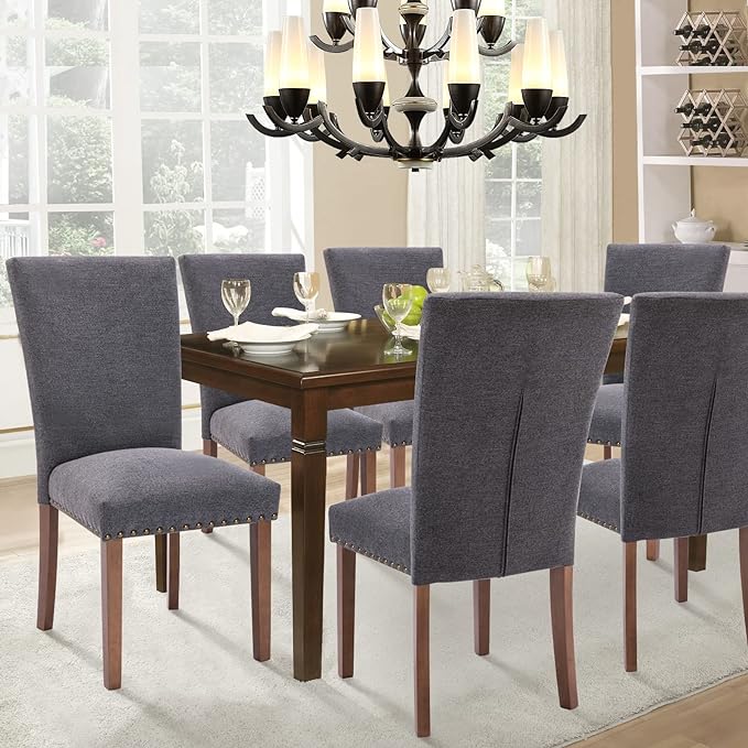 Parsons Dining Chairs Set of 4, Upholstered Nailhead Dining Room Kitchen Side Chair with Thick Cushions and Wood Legs, Dark Grey - LeafyLoom