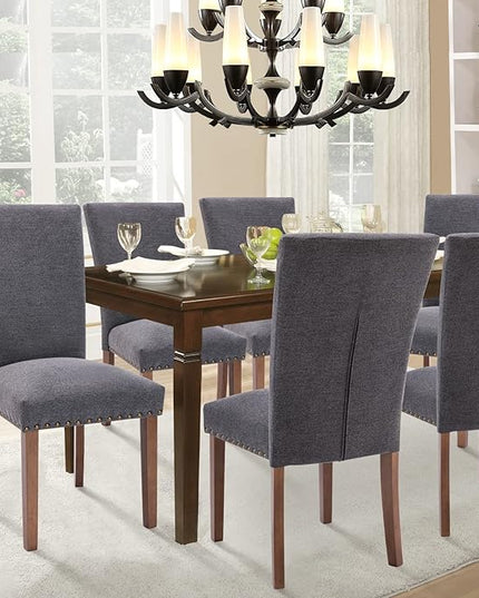 Parsons Dining Chairs Set of 6, Upholstered Nailhead Dining Room Kitchen Side Chair with Thick Cushions and Wood Legs, Dark Grey - LeafyLoom