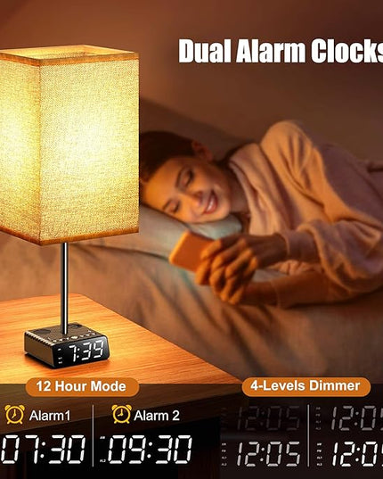 Table Lamp with Alarm Clock Base,Yostyle Bedside Lamp,2 USB & 1 AC Power Outlets, FM Radio & Speaker 6Ft Extension Cord - Square Oatmeal Fabric Lampshade,Touch Control Ideal for Bedrooms Living Rooms - LeafyLoom