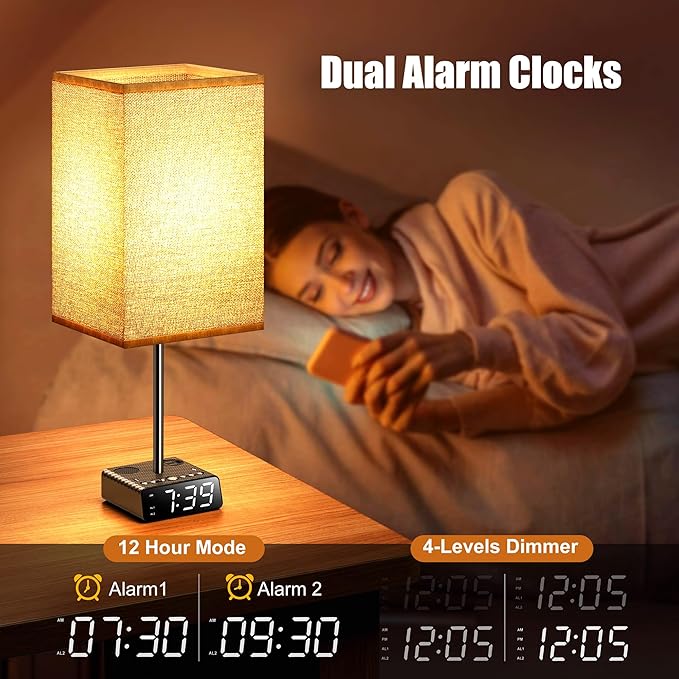 Table Lamp with Alarm Clock Base,Yostyle Bedside Lamp,2 USB & 1 AC Power Outlets, FM Radio & Speaker 6Ft Extension Cord - Square Oatmeal Fabric Lampshade,Touch Control Ideal for Bedrooms Living Rooms - LeafyLoom