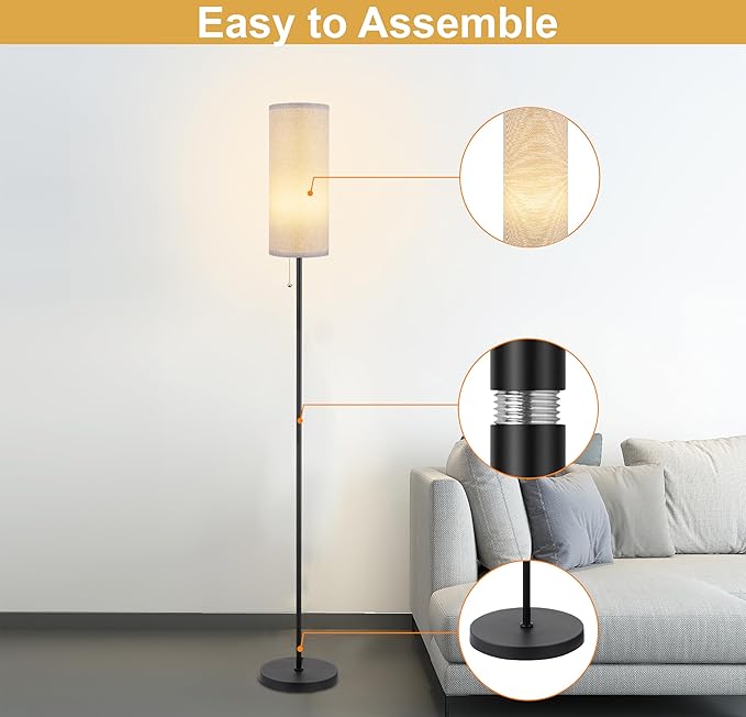 Floor Lamp for Living Room, Modern Standing Lamps with Lampshade, Minimalist Tall Lamp with Chain Switch for Living Room, Bedroom, Kids Room, Office,Standing Lamp LED Bulb Included (Gray Shade) - LeafyLoom