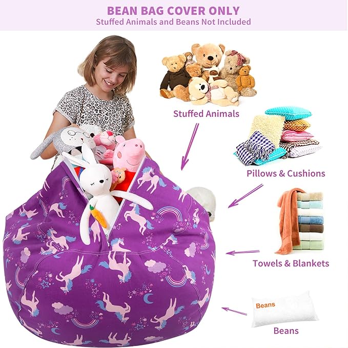 Aubliss Stuffed Animal Bean Bag Storage Chair (Purple Unicorn, Medium (32'')) - LeafyLoom